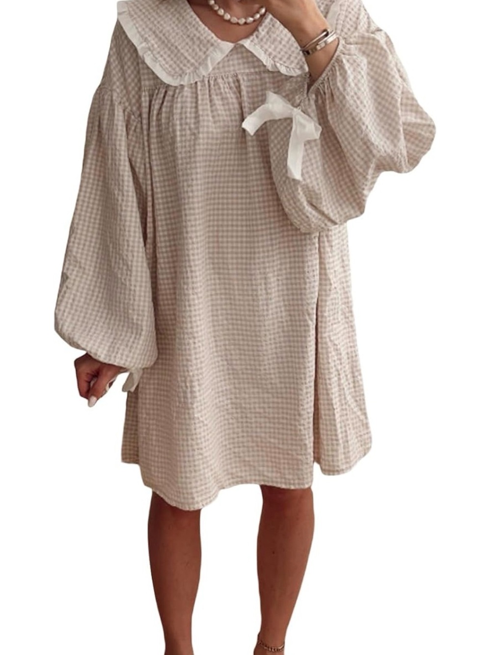 Gingham Babydoll Dress with Puffed Sleeve- small